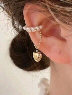 NEW! Gold Heart Charm Ear Cuff Earring with Pearl Band - Women Jewelry